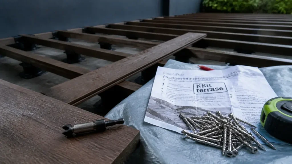 Kit terrasse : terrasse prête à poser, lames bois et plots réglables