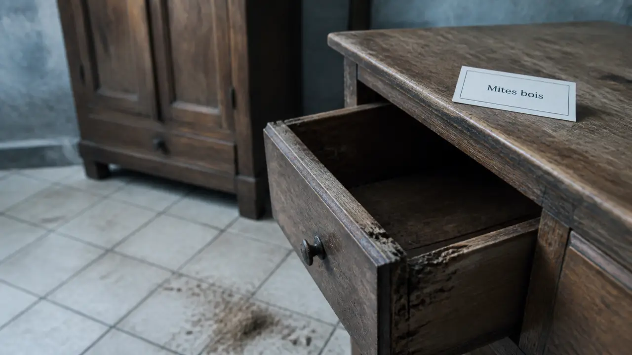 Mites bois meuble : trous et sciure sur une commode en bois ancien