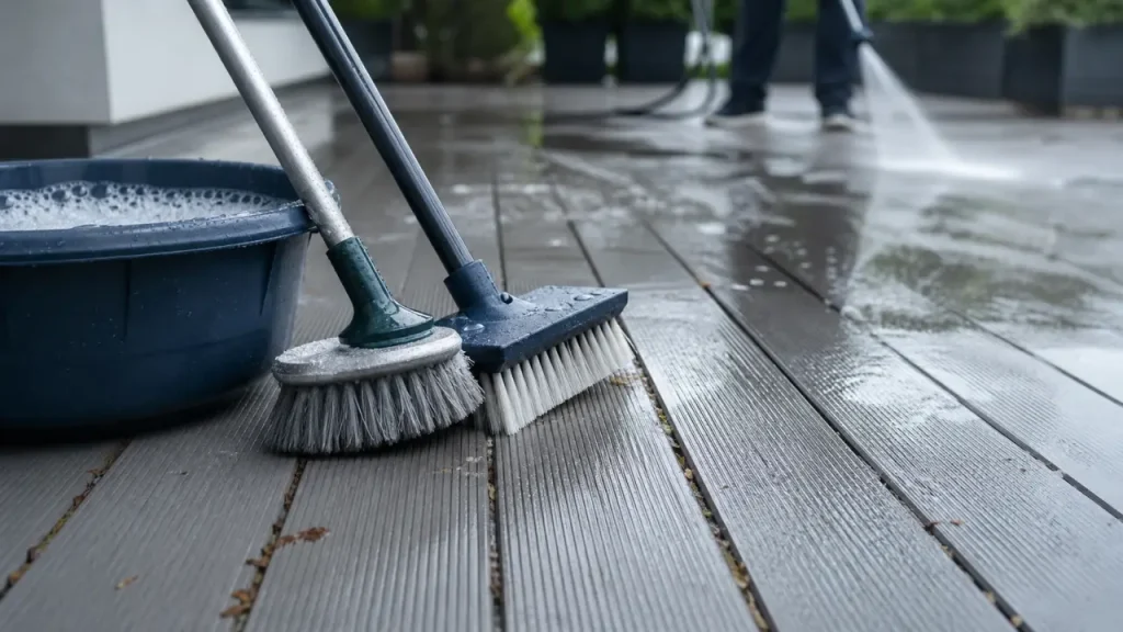 Nettoyer terrasse en composite avec brosse douce et eau savonneuse sur lames gris