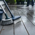 Nettoyer terrasse en composite avec brosse douce et eau savonneuse sur lames gris