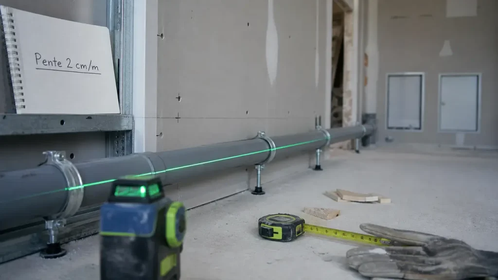 Pente évacuation eaux usées 2 cm/m sur tuyau PVC avec niveau laser