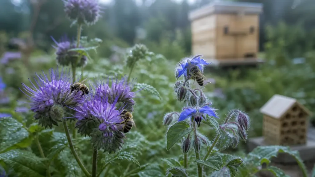 Plantes mellifere : phacélie et bourrache en fleurs, abeilles sauvages