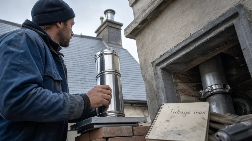 Poêle à bois tubage : installateur pose le conduit inox