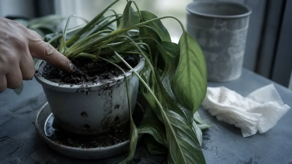 Spathiphyllum trop arrosé : feuilles molles, terre détrempée et eau stagnante