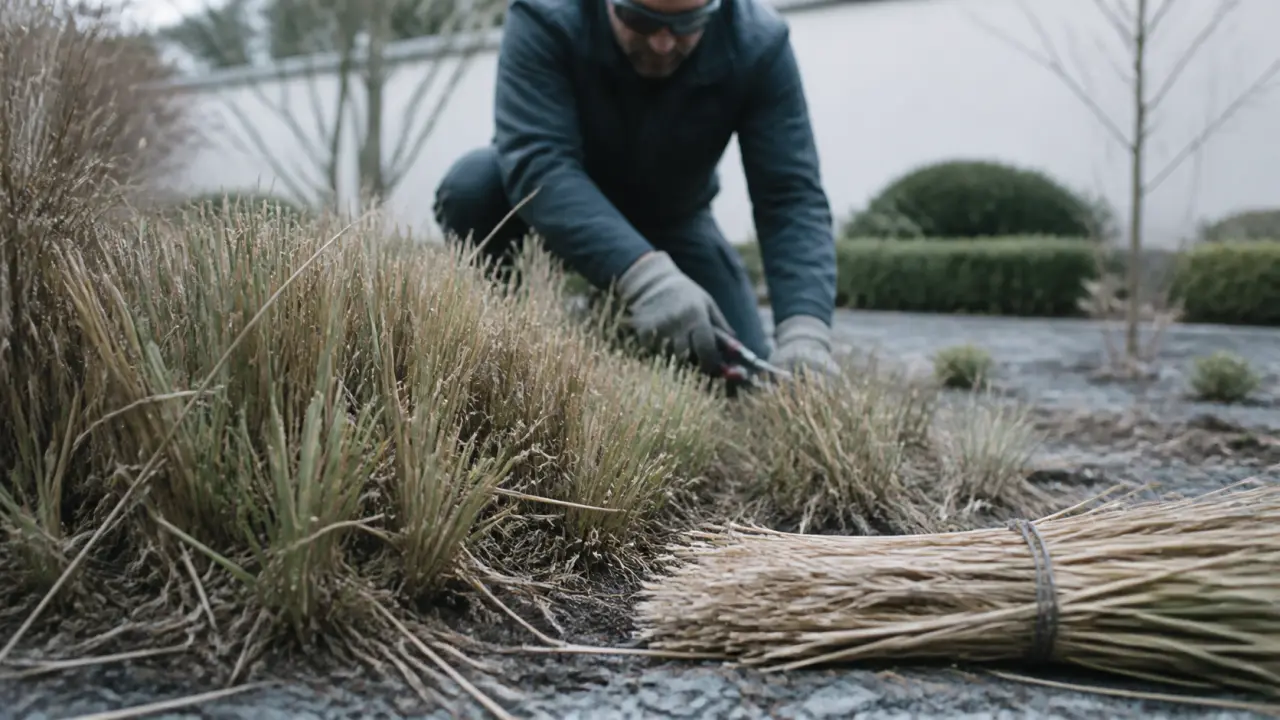 Taille pampa après gelées : jardinier coupe l’herbe de la pampa