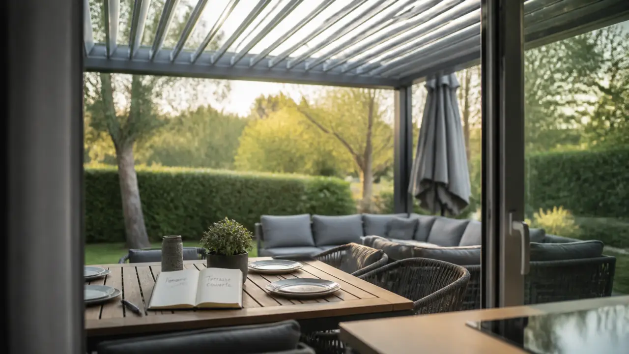 Pergola aluminium sur terrasse couverte maison avec lames orientables
