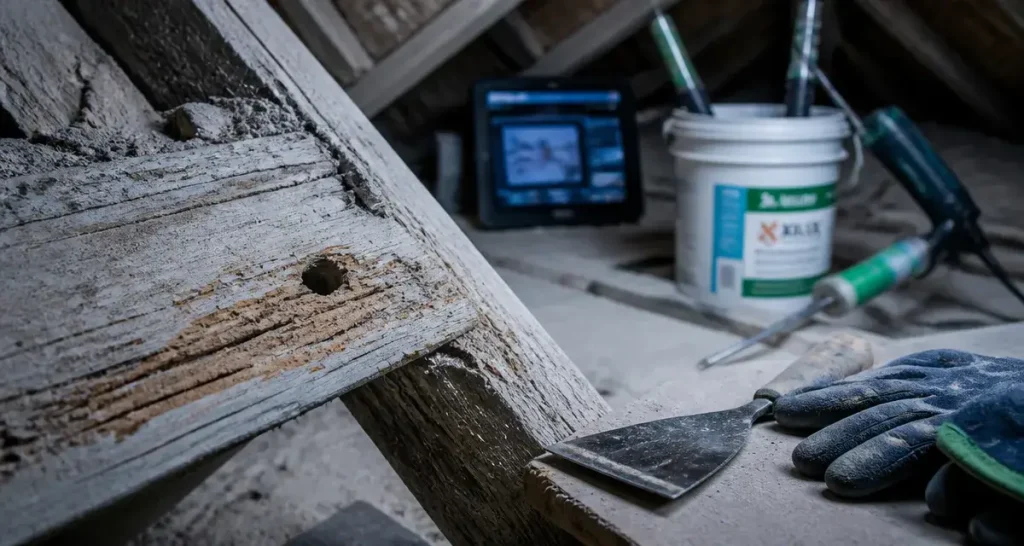 Traitement charpente bois : inspection et diagnostic des attaques sur poutre en comble