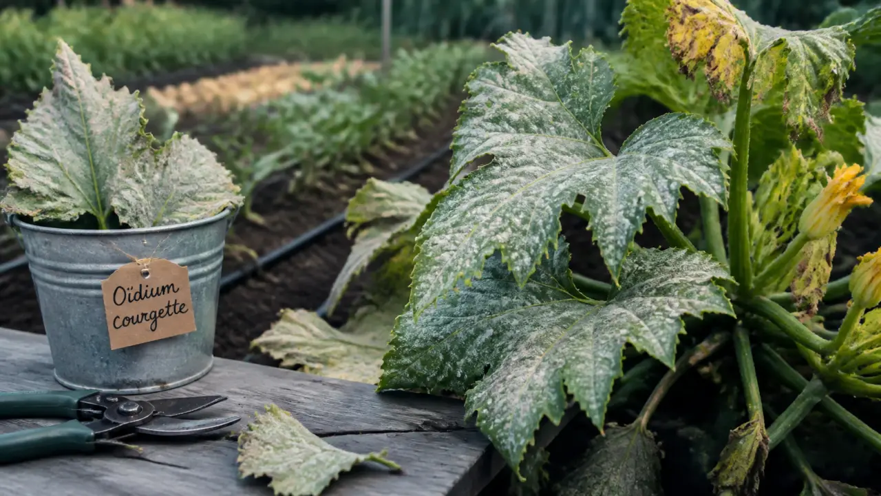 Traitement oidium courgette : voile blanc farine sur feuilles de courgette
