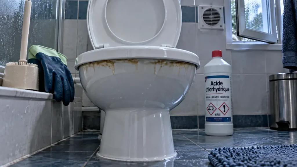 Acide chlorhydrique toilette contre tartre WC, brosse et gants
