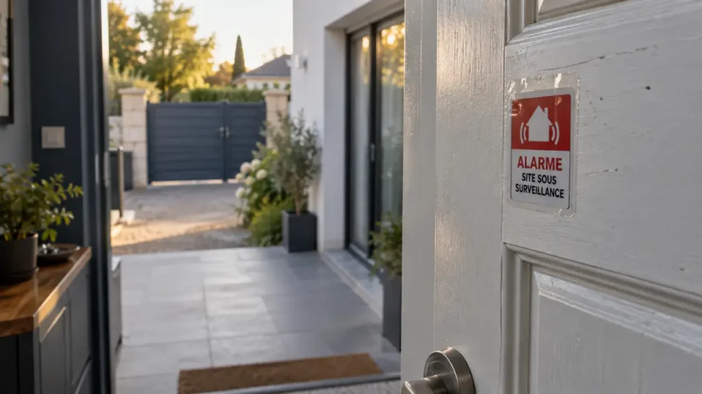 Emplacement autocollant alarme maison sur porte d’entrée visible
