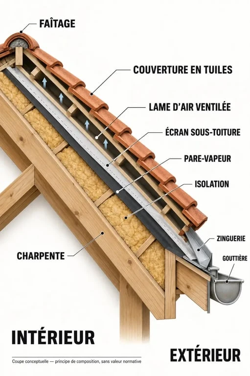 Schéma en coupe expliquant la composition d’une toiture avec charpente, isolation, écran sous-toiture, ventilation et couverture