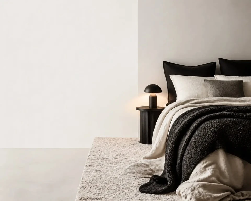 Coin cocooning d’une chambre noir et blanc avec matières douces et lumière tamisée