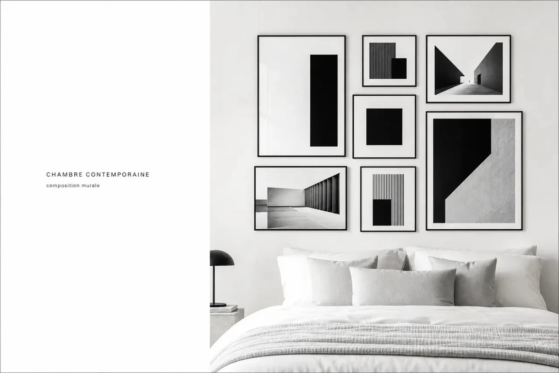 Décoration murale pour chambre noir et blanc avec tableaux et cadres graphiques