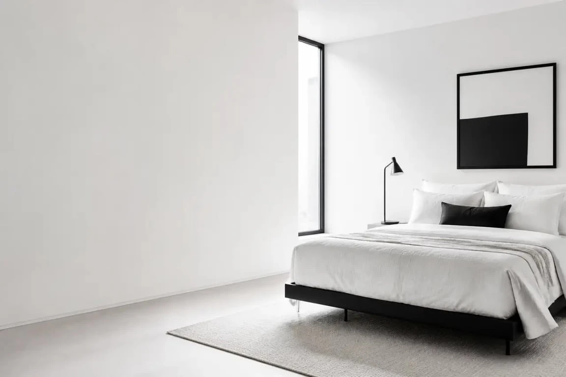 Chambre noir et blanc équilibrée avec décoration sobre et lumière douce