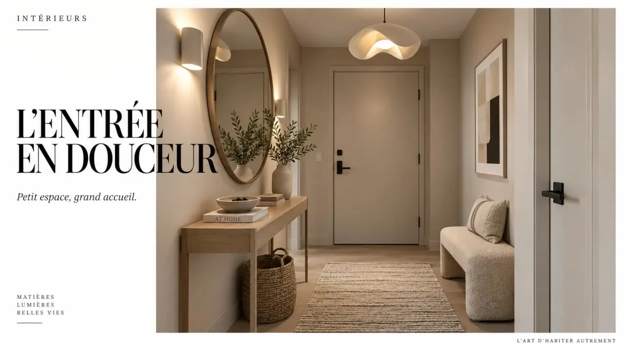 Petit hall d’entrée design sans fenêtre avec miroir, éclairage chaleureux et mur greige