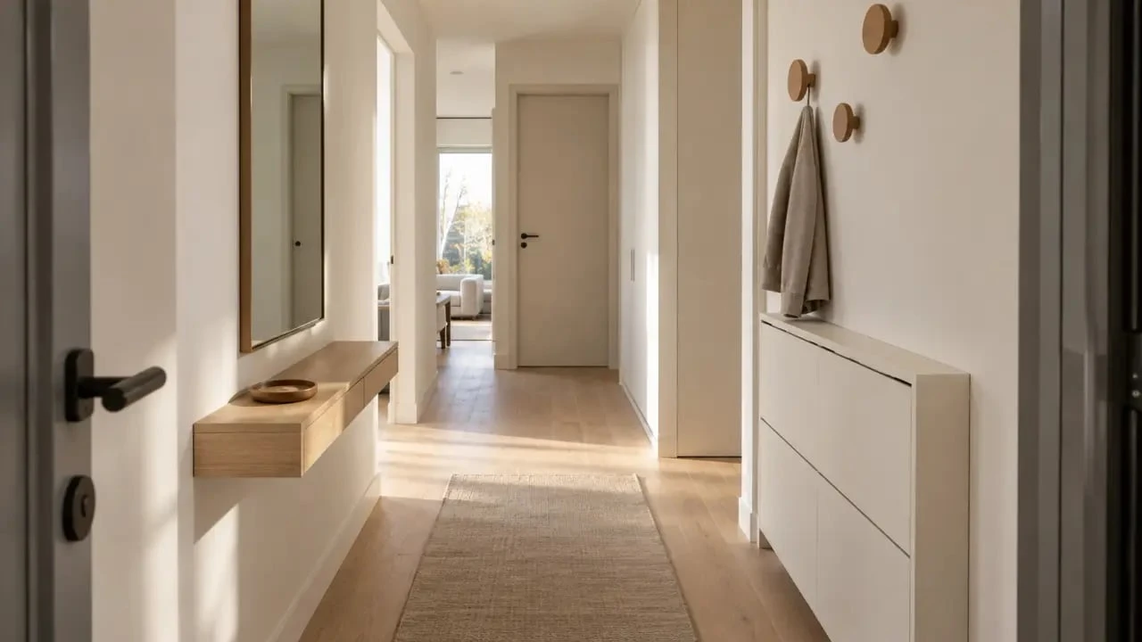 Petit hall d’entrée design étroit avec console fine, miroir et rangements verticaux
