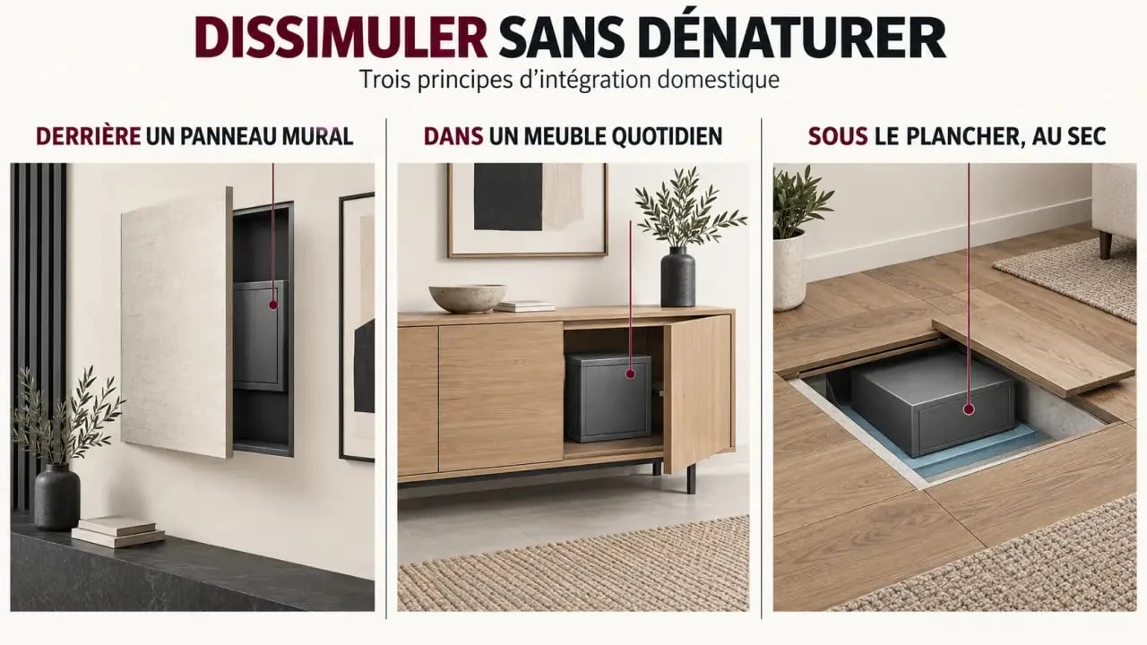 Illustration des solutions pour cacher un coffre-fort dans un mur, un meuble ou un plancher
