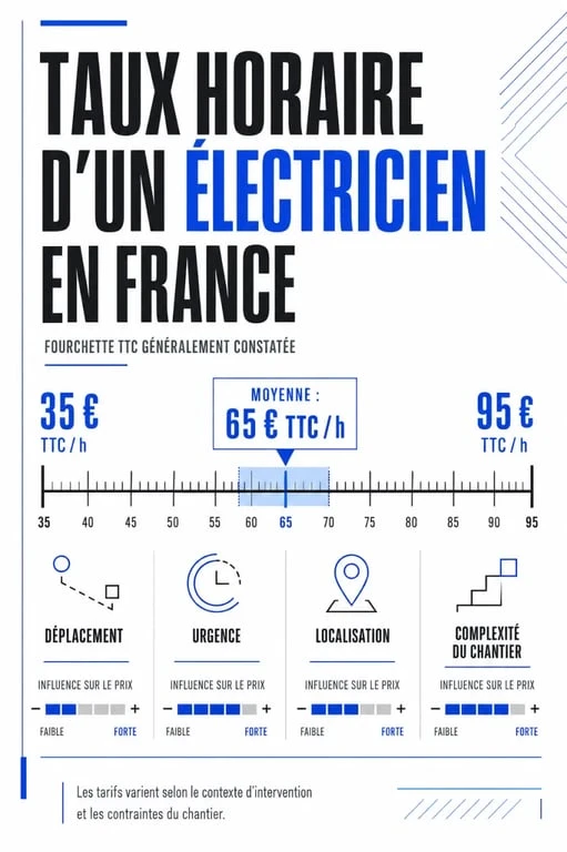 Infographie sur le taux horaire electricien en France, avec fourchettes de prix et facteurs de variation