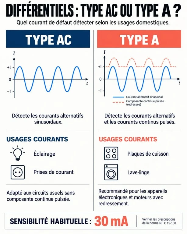 Infographie comparative différentiel type A ou AC et circuits électriques domestiques