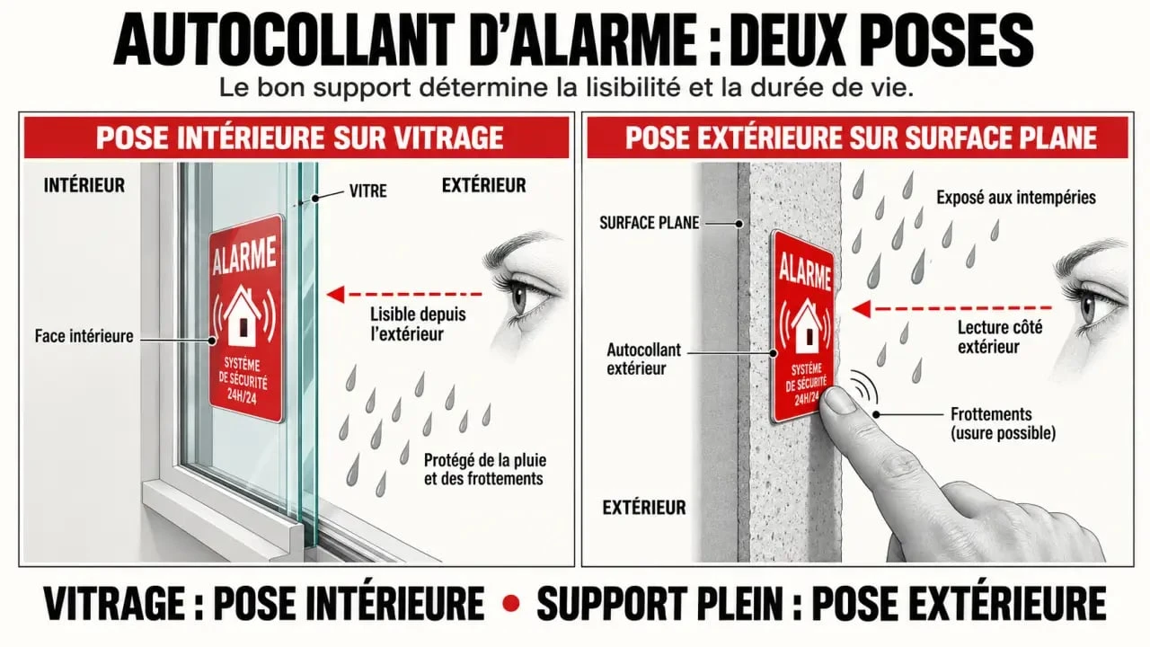 Pose intérieure ou extérieure d’un autocollant d’alarme maison sur une vitre