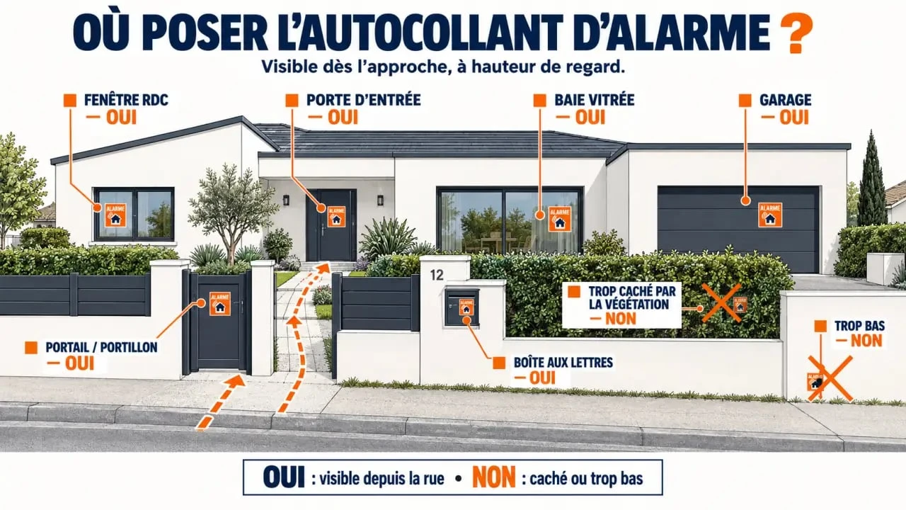 Emplacements d’un autocollant d’alarme maison sur une porte, un portail, des fenêtres et un garage