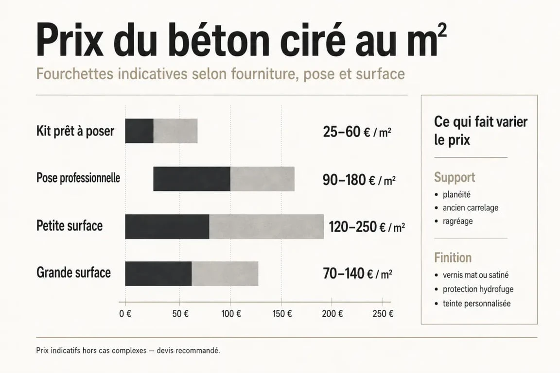 Prix du béton ciré au m2 : infographie éditoriale sur les fourchettes de prix, le support et la pose
