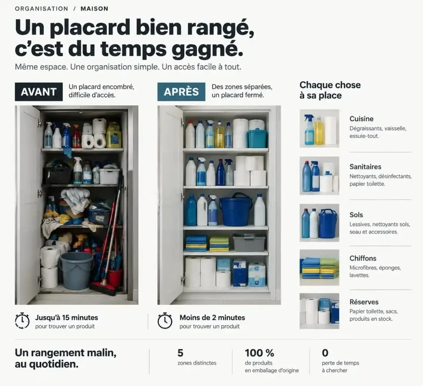 Avant-après d'un rangement produits ménagers trié par usage dans un placard fermé