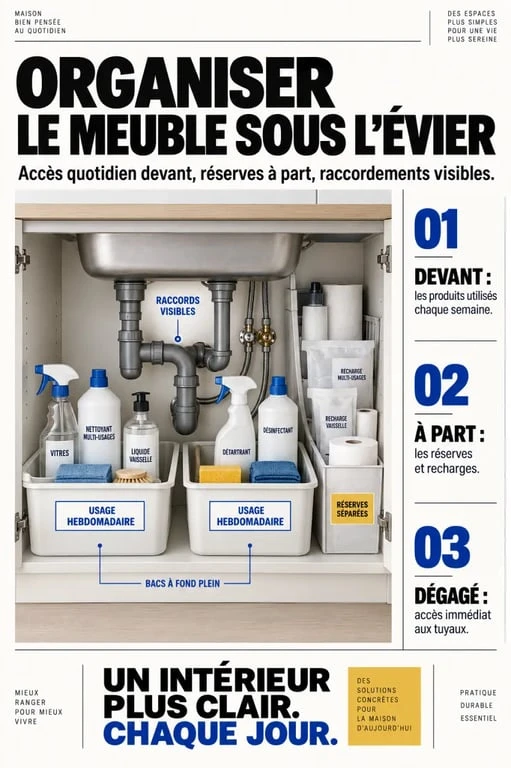 Rangement produits ménagers dans un meuble sous-évier organisé avec des bacs et un accès libre aux tuyaux