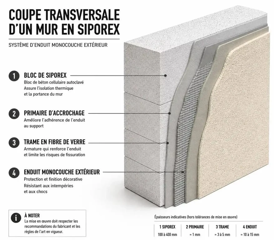 Coupe technique des couches d'enduit sur façade en Siporex