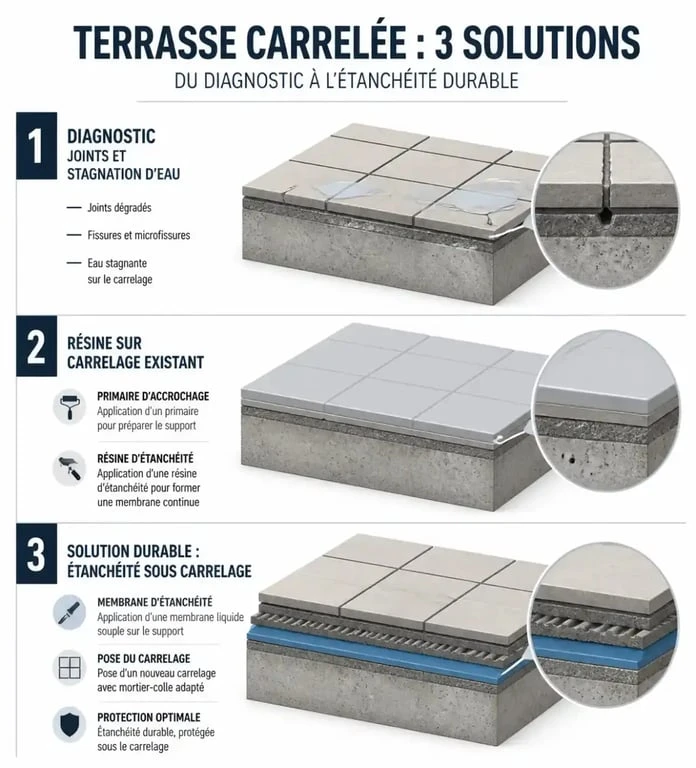 Schéma des solutions d'étanchéité sur carrelage de terrasse