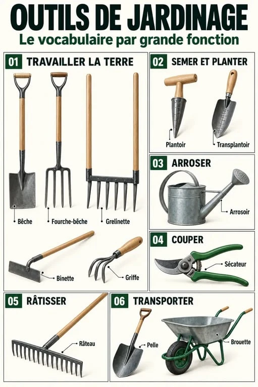 Vocabulaire des outils de jardinage illustré par catégories et fonctions