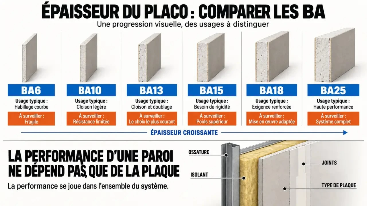 Épaisseur placo : comparaison des plaques BA6, BA10, BA13, BA15, BA18 et BA25 et leurs usages