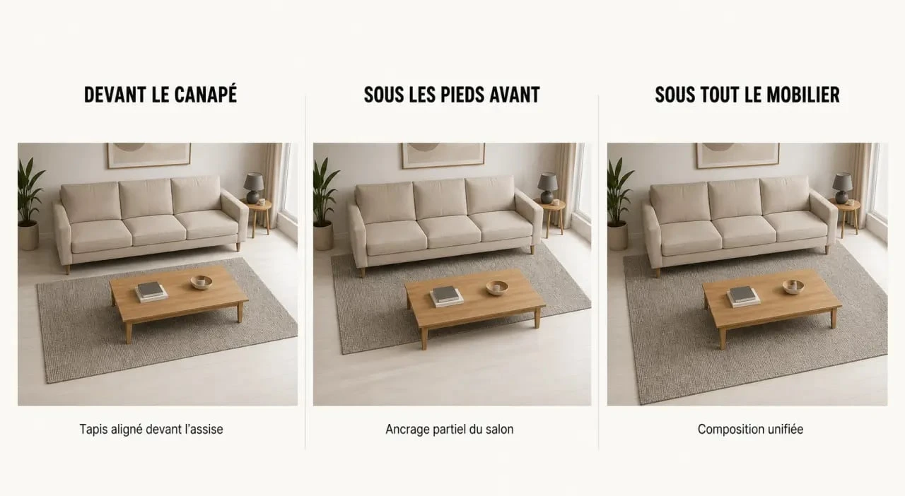Tapis dans salon : trois positions de placement autour du canapé et de la table basse