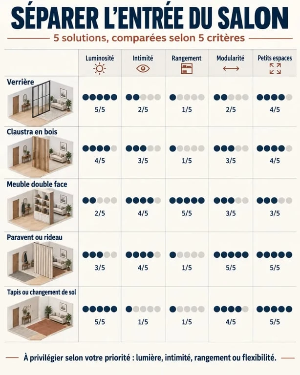 Idées de séparation entre entrée et salon comparées selon la lumière, l’intimité et le rangement