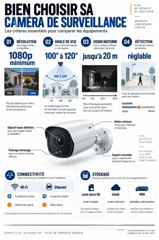 Infographie pour comprendre comment choisir une caméra de surveillance selon la résolution, la vision nocturne, la détection et le stockage
