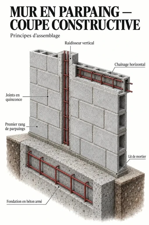 Schéma en coupe pour monter un mur en parpaing avec fondation, chaînage et joints en quinconce