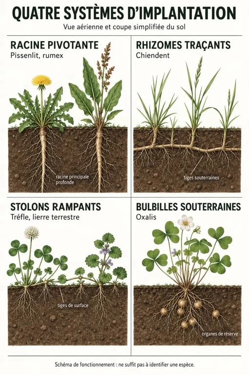 Liste et photo de mauvaises herbes : différences entre racine pivotante, rhizome, stolon et bulbille