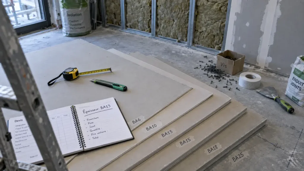 Épaisseur placo BA13 BA15 : plaques de plâtre sur chantier