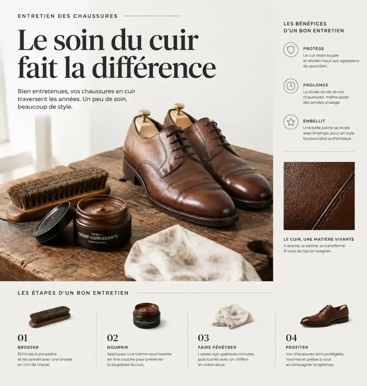 Entretien chaussures en cuir avec brosse crème et chiffon sur établi de cordonnier