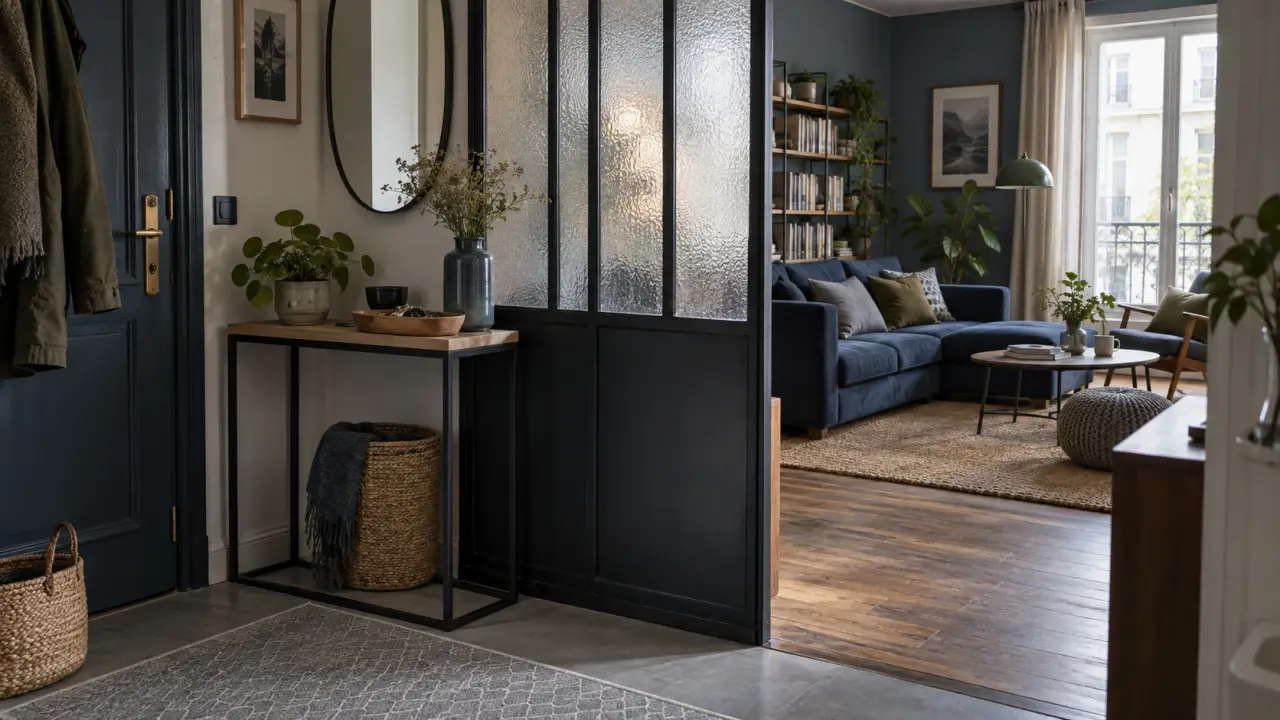 idee separation entree salon : sas lumineux, verriere atelier, entrée et salon