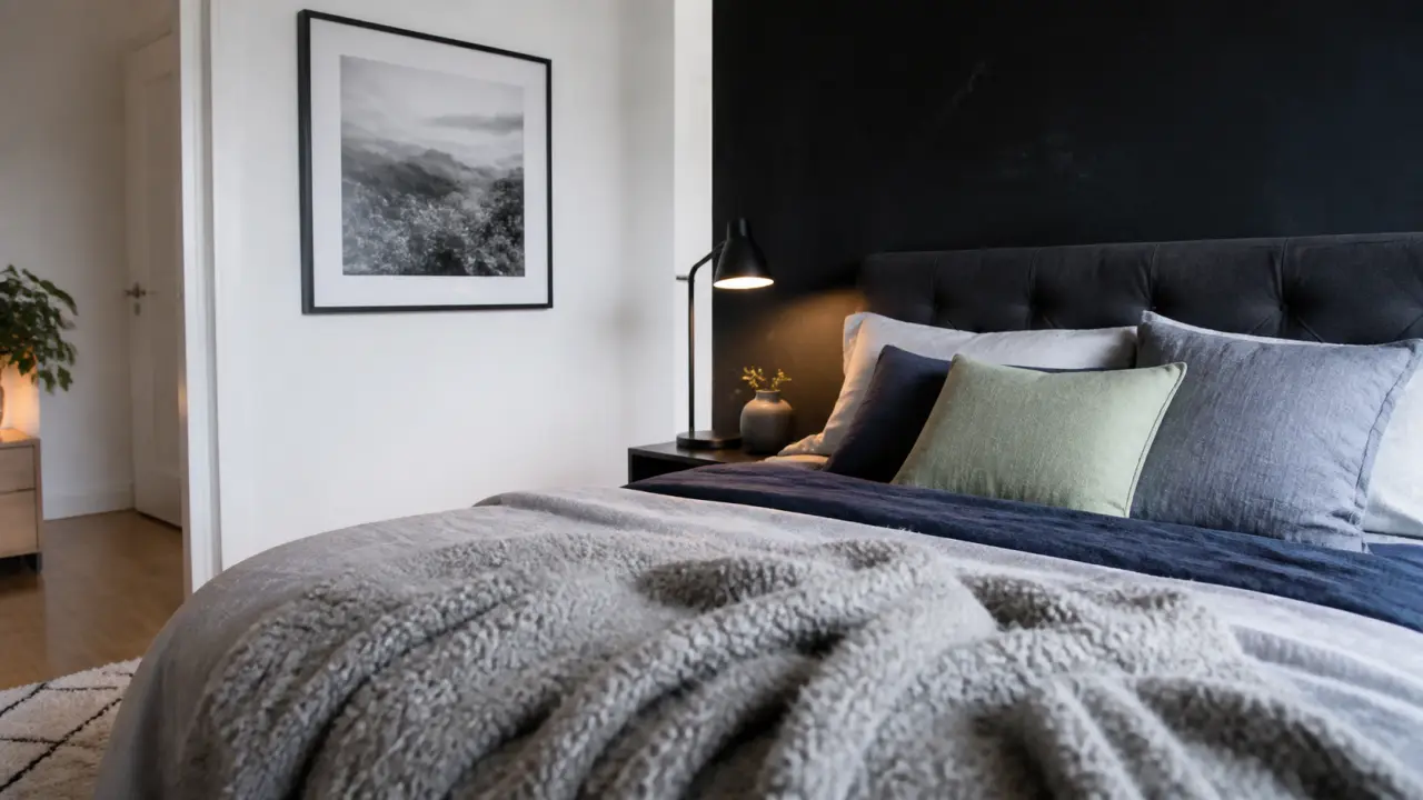 Noir et blanc chambre : plaid gris et têtes de lit sombres, contraste net