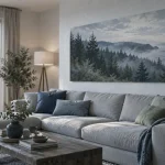 Paysage tableau brumeux sur mur d’un salon lumineux