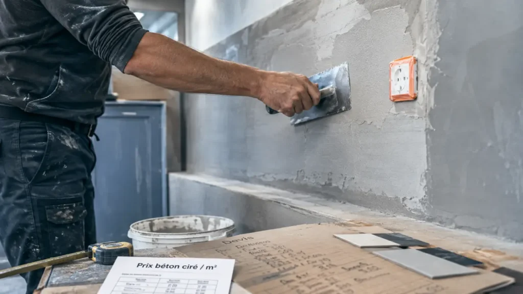 Prix du béton ciré au m2 : artisan applique le béton ciré sur mur et crédence