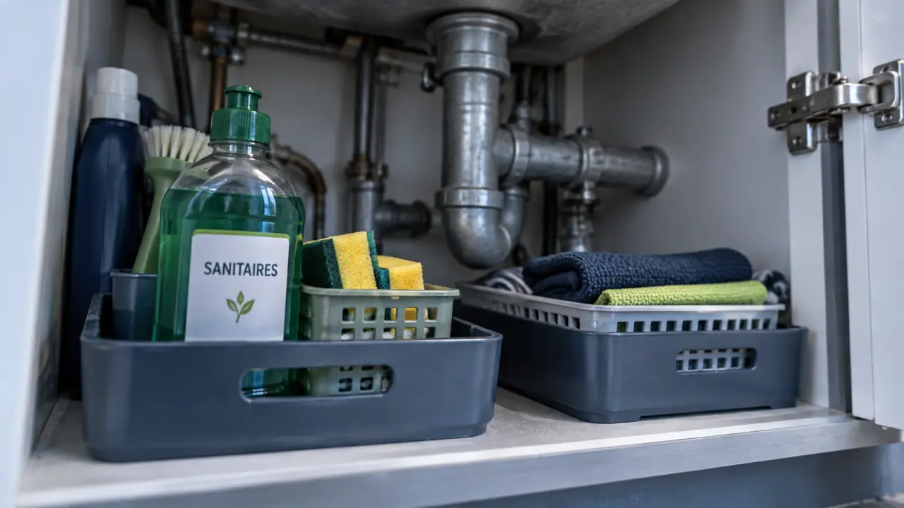Rangement produits ménagers sous évier : bacs pour liquides et sécurité