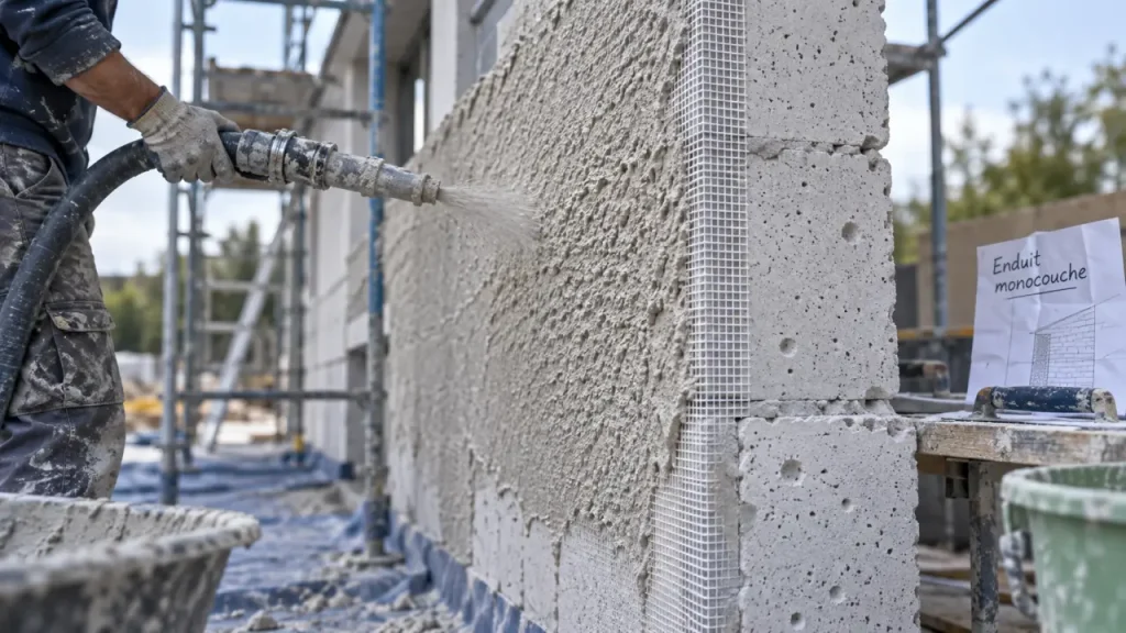 Siporex enduit exterieur monocouche projeté sur mur extérieur