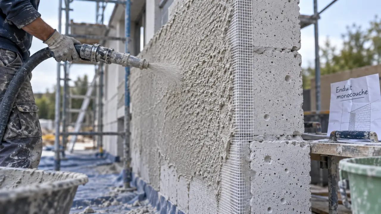 Siporex enduit exterieur monocouche projeté sur mur extérieur