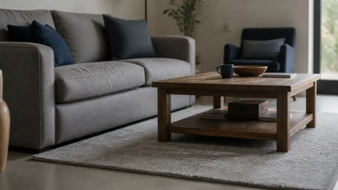 Tapis dans salon sous canapé : 30 cm de marge, rendu laine et bois
