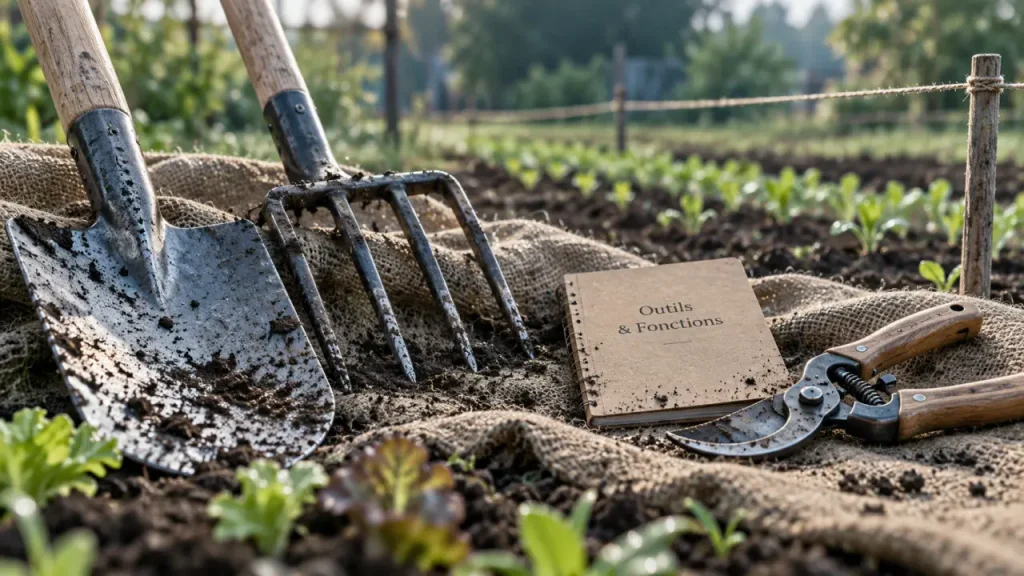 Vocabulaire outils jardinage : bêche, grelinette et sécateur sur toile de jute humide