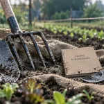 Vocabulaire outils jardinage : bêche, grelinette et sécateur sur toile de jute humide