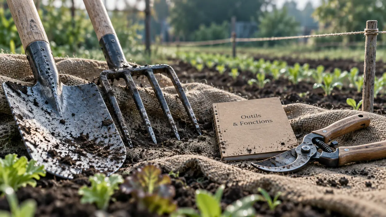 Vocabulaire outils jardinage : bêche, grelinette et sécateur sur toile de jute humide